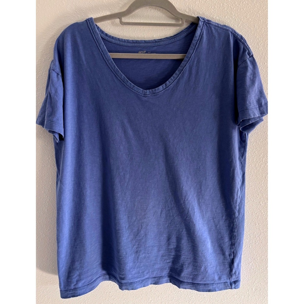 Aerie Shirt Women SM‎ Blue Soft V Neck Distressed Oversized Boho Lounge Sporty